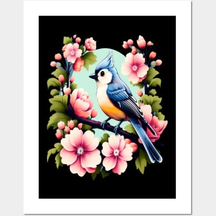 Cute Tufted Titmouse Surrounded by Vibrant Spring Flowers Posters and Art